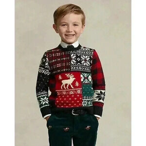 Polo Ralph Lauren Boys Patchwork Crewneck Wool Sweater Holiday Fair Isle NWT 4T